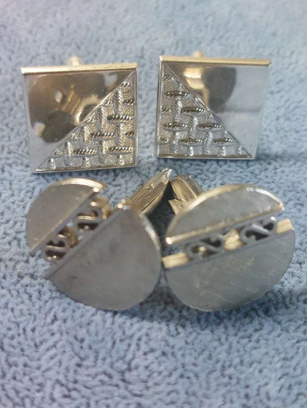 Lot of 2 Vintage Mid-Century Silver Tone Geometric Cufflinks Square Round Estate